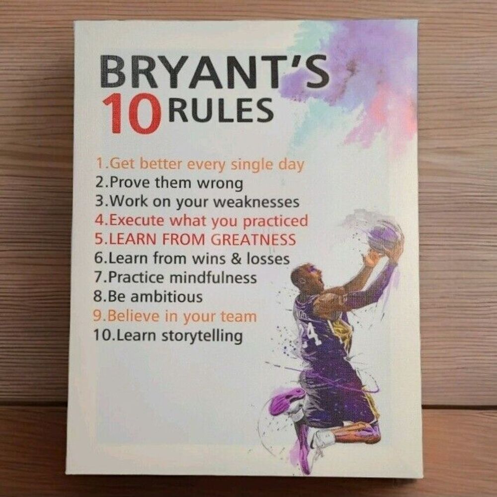 Kobe Bryant Wall Art 15"x11.5" -"Bryant's 10 Rules"- Black Mamba Memorabilia NEW